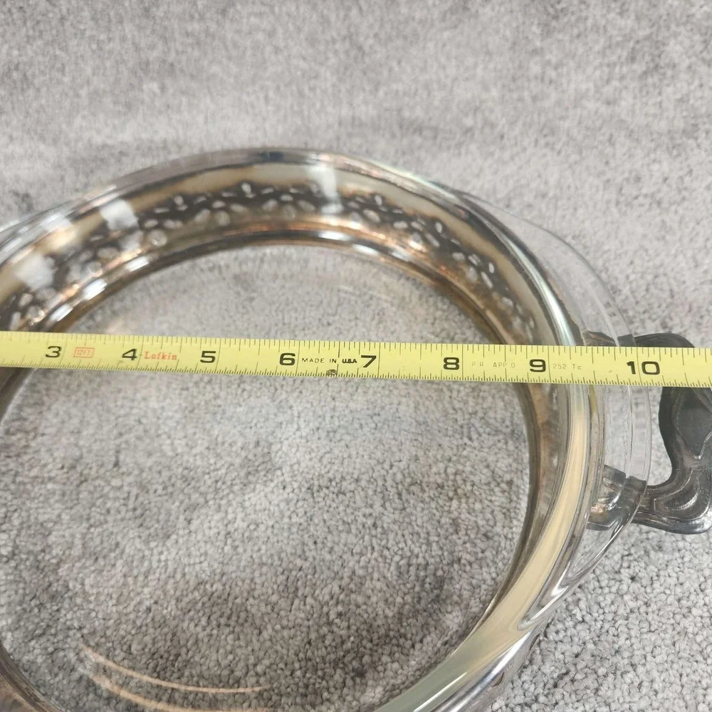 Vintage Silver Plate Pierced Pyrex Casserole Dish Holder with Glass Insert